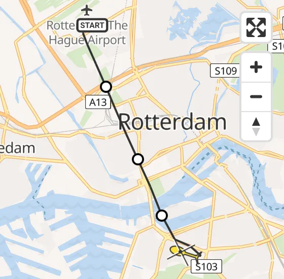 Vlucht Traumahelikopter PH-HVB van Rotterdam The Hague Airport naar Rotterdam op maandag 7 oktober 2024 10:43