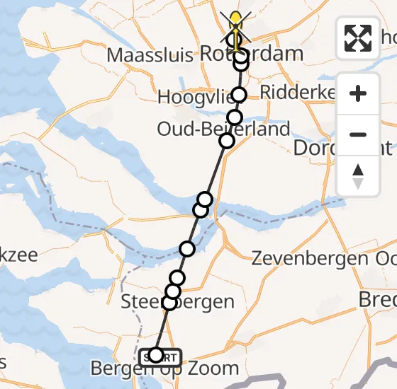 Vlucht Traumahelikopter PH-HVB van Bergen op Zoom naar Rotterdam The Hague Airport op maandag 7 oktober 2024 18:03