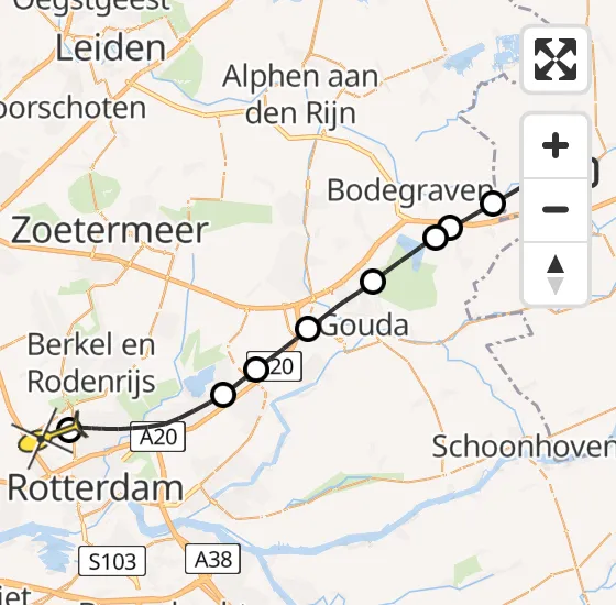 Vlucht Traumahelikopter PH-HVB van Woerden naar Rotterdam The Hague Airport op vrijdag 11 oktober 2024 12:34