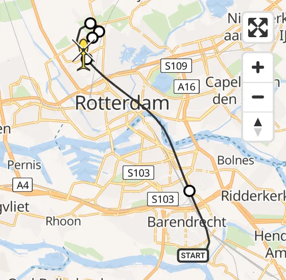 Vlucht Traumahelikopter PH-HVB van Barendrecht naar Rotterdam The Hague Airport op zaterdag 12 oktober 2024 20:27