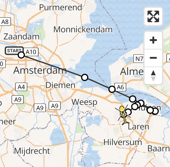 Vlucht Traumahelikopter PH-LLN van Amsterdam Heliport naar Bussum op zondag 13 oktober 2024 19:46