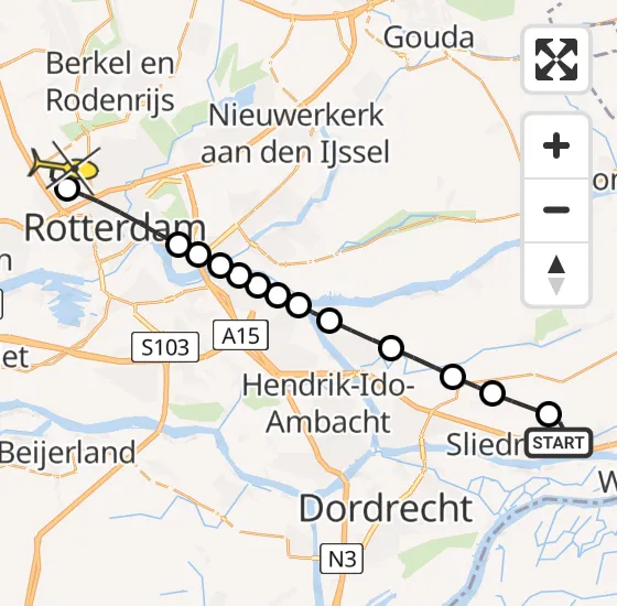 Vlucht Traumahelikopter PH-HVB van Hardinxveld-Giessendam naar Rotterdam The Hague Airport op maandag 14 oktober 2024 8:24