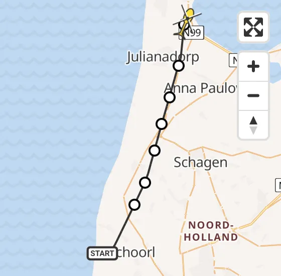 Vlucht Kustwachthelikopter PH-SAR van Schoorl naar Vliegveld De Kooy op dinsdag 15 oktober 2024 21:21