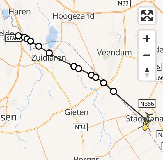 Vlucht Traumahelikopter PH-TTR van Groningen Airport Eelde naar Stadskanaal op woensdag 16 oktober 2024 12:46