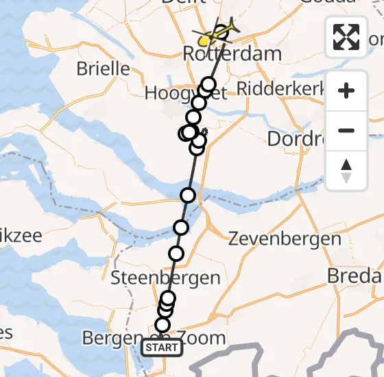 Vlucht Traumahelikopter PH-HVB van Bergen op Zoom naar Rotterdam The Hague Airport op zaterdag 19 oktober 2024 15:12