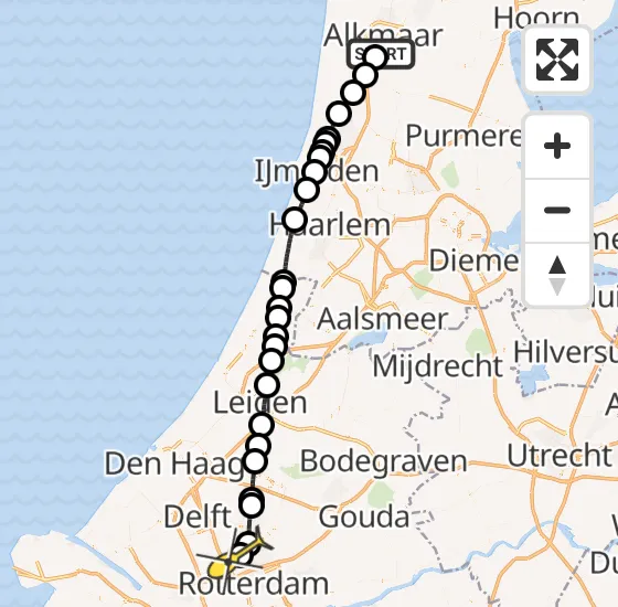 Vlucht Traumahelikopter PH-HVB van Alkmaar naar Rotterdam The Hague Airport op zondag 20 oktober 2024 19:36