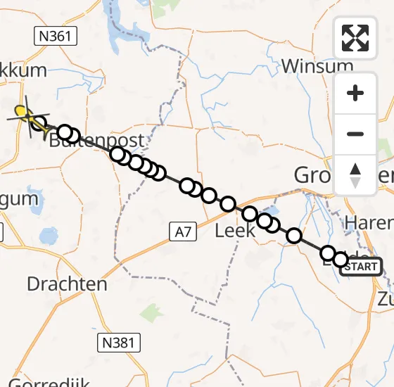 Vlucht Traumahelikopter PH-TTR van Groningen Airport Eelde naar De Westereen op maandag 21 oktober 2024 8:42