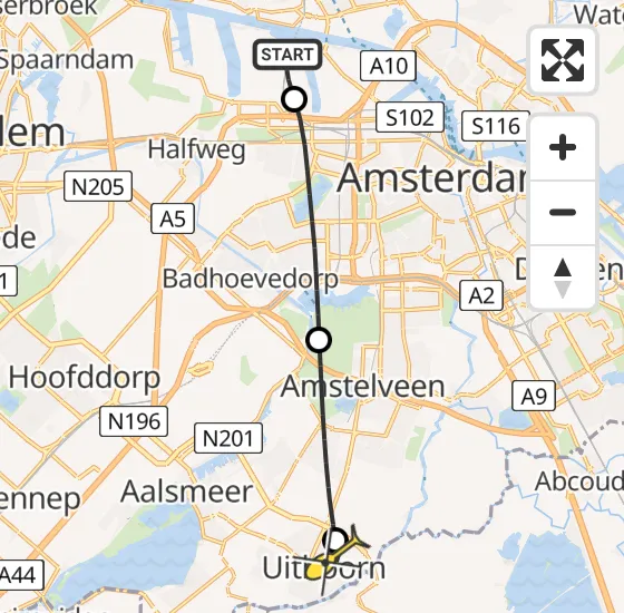 Vlucht Traumahelikopter PH-LLN van Amsterdam Heliport naar Uithoorn op maandag 21 oktober 2024 11:00