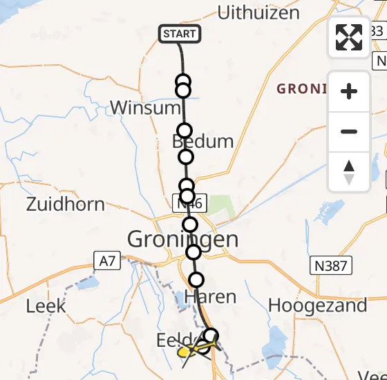 Vlucht Traumahelikopter PH-TTR van Warffum naar Groningen Airport Eelde op maandag 21 oktober 2024 13:37