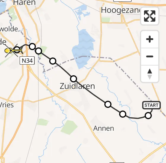 Vlucht Traumahelikopter PH-DOC van Annerveenschekanaal naar Groningen Airport Eelde op maandag 21 oktober 2024 22:54