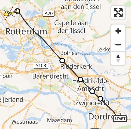 Vlucht Traumahelikopter PH-HVB van Dordrecht naar Rotterdam The Hague Airport op dinsdag 22 oktober 2024 12:27