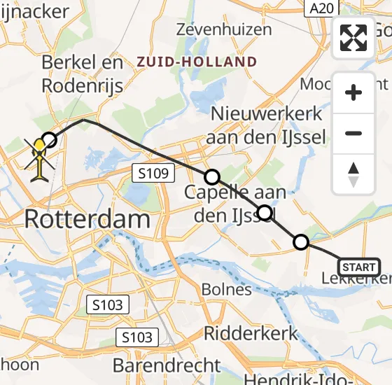 Vlucht Traumahelikopter PH-HVB van Lekkerkerk naar Rotterdam The Hague Airport op dinsdag 22 oktober 2024 19:35