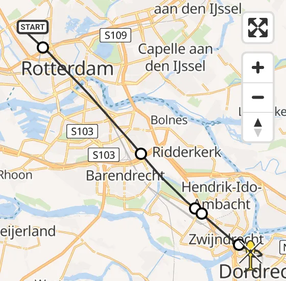 Vlucht Traumahelikopter PH-HVB van Rotterdam The Hague Airport naar Dordrecht op woensdag 23 oktober 2024 20:02