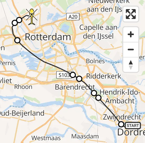 Vlucht Traumahelikopter PH-HVB van Dordrecht naar Rotterdam The Hague Airport op woensdag 23 oktober 2024 21:05