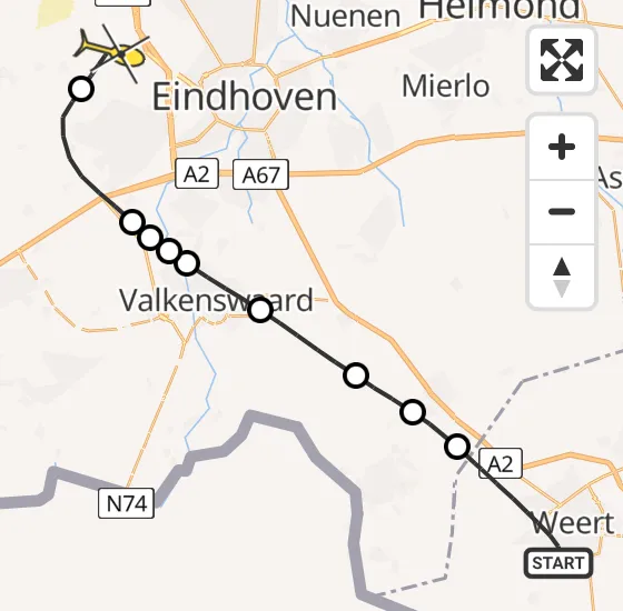 Vlucht Traumahelikopter PH-HVB van Weert naar Eindhoven Airport op woensdag 23 oktober 2024 22:55