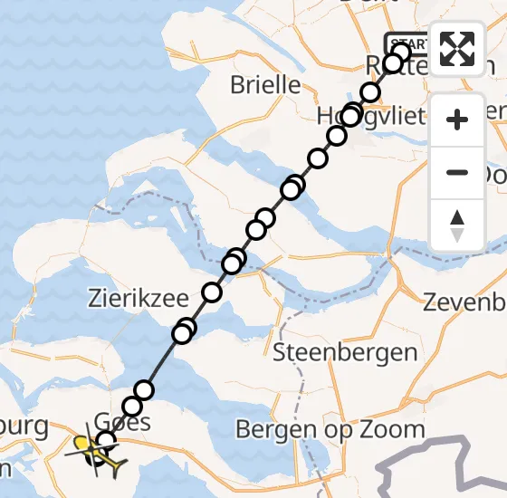 Vlucht Traumahelikopter PH-HVB van Rotterdam The Hague Airport naar 's-Heer Abtskerke op zondag 27 oktober 2024 10:39