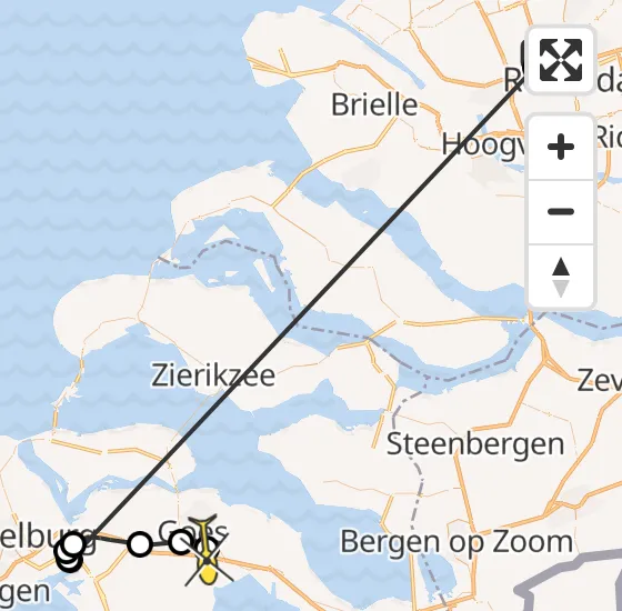 Vlucht Traumahelikopter PH-HVB van Rotterdam The Hague Airport naar Kloetinge op maandag 28 oktober 2024 16:44