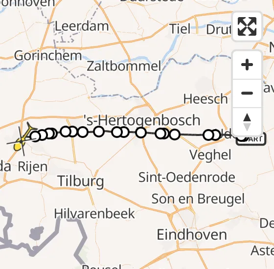 Vlucht Traumahelikopter PH-MAA van Vliegbasis Volkel naar Oosteind op maandag 28 oktober 2024 22:09