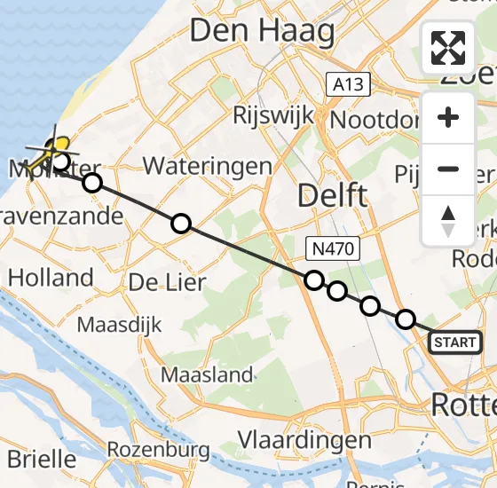 Vlucht Traumahelikopter PH-HVB van Rotterdam The Hague Airport naar Ter Heijde op zaterdag 2 november 2024 21:13