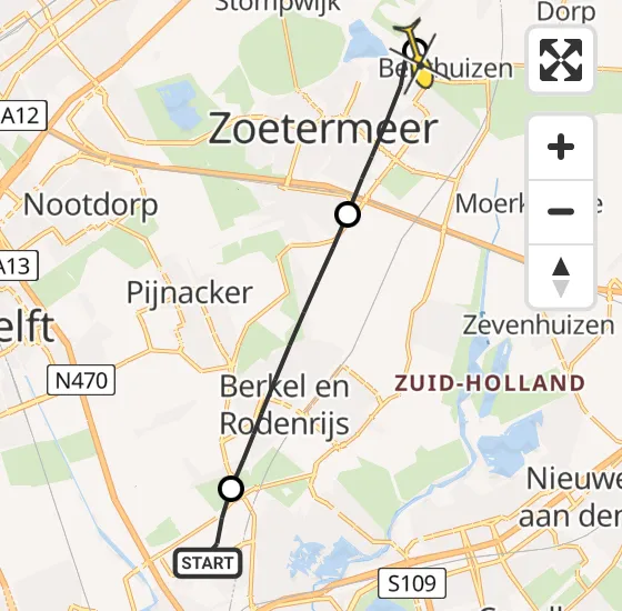 Vlucht Traumahelikopter PH-HVB van Rotterdam The Hague Airport naar Zoetermeer op zondag 3 november 2024 15:33