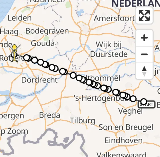 Vlucht Traumahelikopter PH-HVB van Vliegbasis Volkel naar Rotterdam The Hague Airport op maandag 4 november 2024 11:06