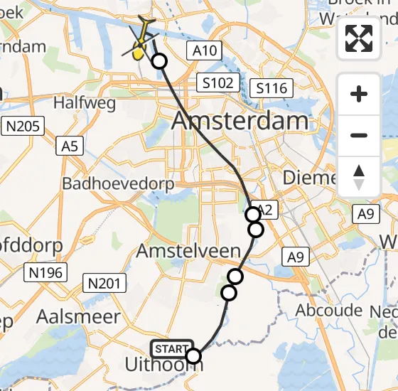 Vlucht Traumahelikopter PH-LLN van Uithoorn naar Amsterdam Heliport op dinsdag 5 november 2024 10:24