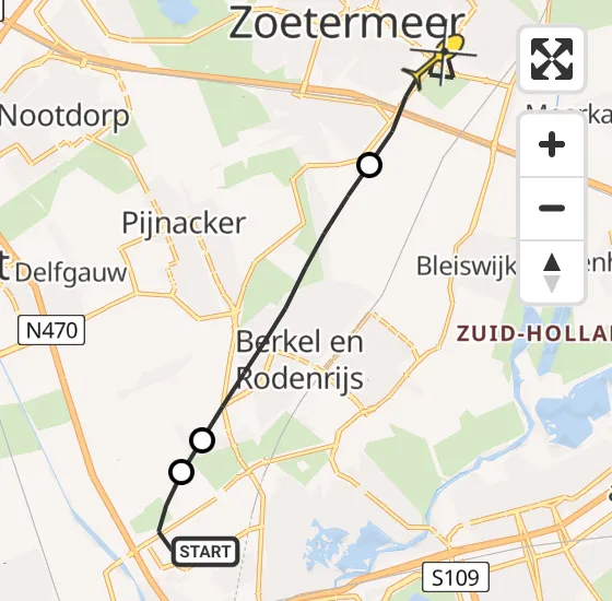 Vlucht Traumahelikopter PH-HVB van Rotterdam The Hague Airport naar Zoetermeer op zaterdag 9 november 2024 10:37