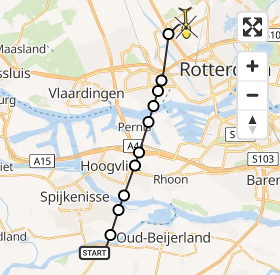 Vlucht Traumahelikopter PH-HVB van Nieuw-Beijerland naar Rotterdam The Hague Airport op zondag 10 november 2024 11:54