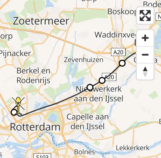 Vlucht Traumahelikopter PH-HVB van Gouda naar Rotterdam The Hague Airport op dinsdag 12 november 2024 11:59