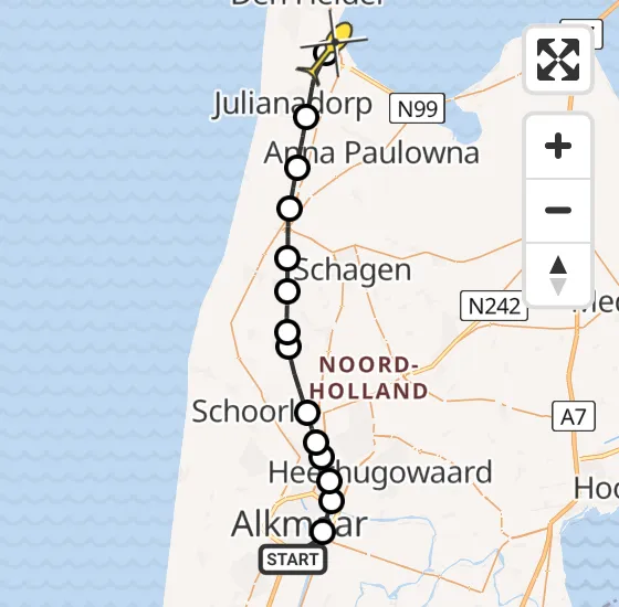 Vlucht Kustwachthelikopter PH-SAR van Alkmaar naar Vliegveld De Kooy op dinsdag 12 november 2024 16:50