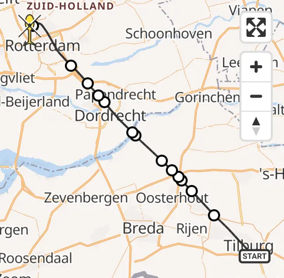 Vlucht Traumahelikopter PH-HVB van Tilburg naar Rotterdam The Hague Airport op vrijdag 15 november 2024 19:49