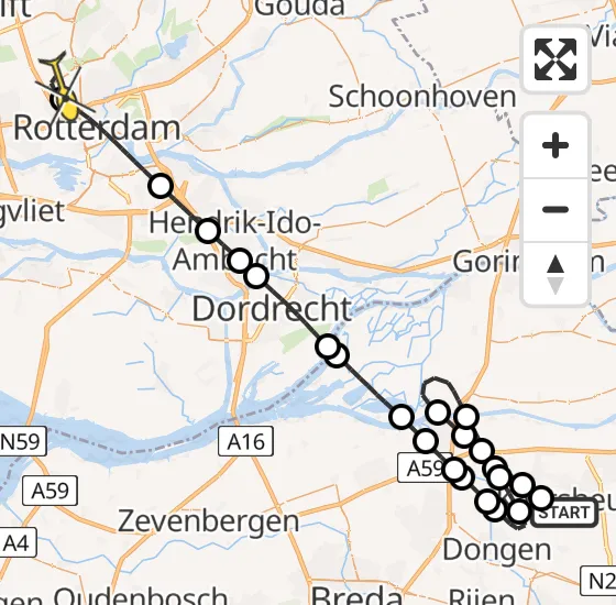 Vlucht Traumahelikopter PH-HVB van Kaatsheuvel naar Rotterdam The Hague Airport op zaterdag 16 november 2024 1:55