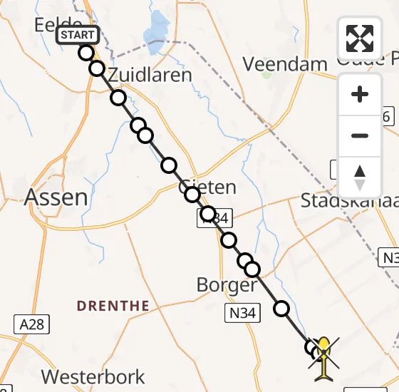 Vlucht Traumahelikopter PH-TTR van Groningen Airport Eelde naar Valthermond op maandag 18 november 2024 8:35