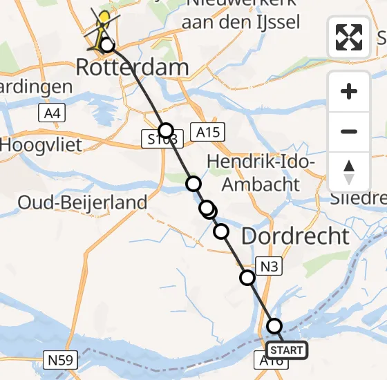 Vlucht Traumahelikopter PH-HVB van Lage Zwaluwe naar Rotterdam The Hague Airport op maandag 18 november 2024 13:37