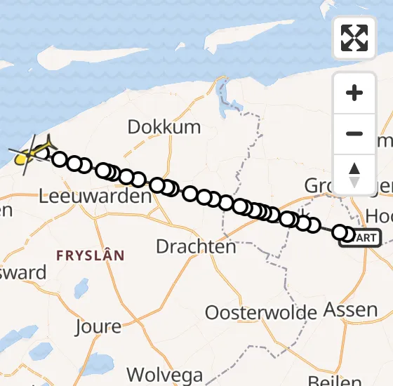 Vlucht Traumahelikopter PH-TTR van Groningen Airport Eelde naar St.-Jacobiparochie op maandag 18 november 2024 22:07