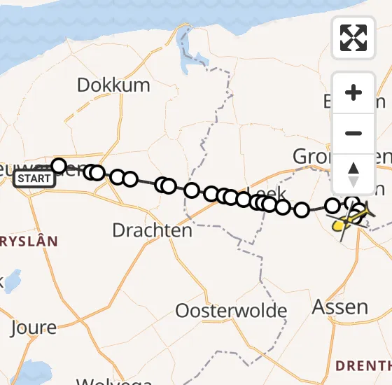 Vlucht Traumahelikopter PH-TTR van Leeuwarden naar Groningen Airport Eelde op maandag 18 november 2024 23:43