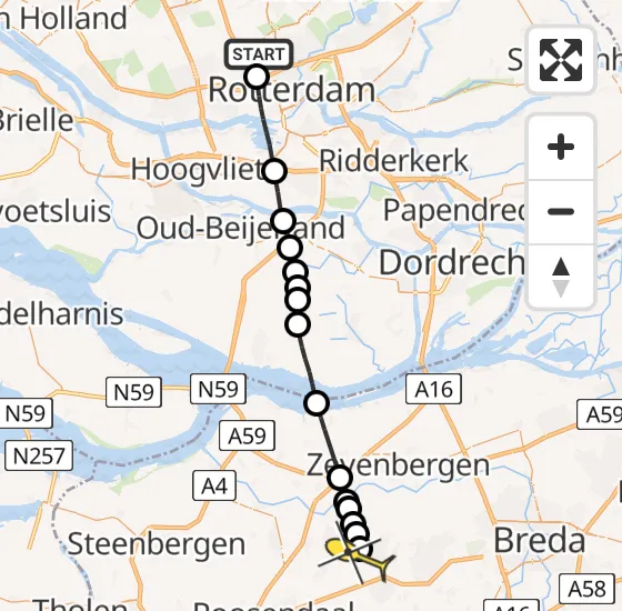 Vlucht Traumahelikopter PH-HVB van Rotterdam The Hague Airport naar Hoeven op dinsdag 19 november 2024 22:27