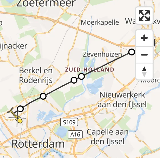 Vlucht Traumahelikopter PH-HVB van Waddinxveen naar Rotterdam The Hague Airport op donderdag 21 november 2024 9:09