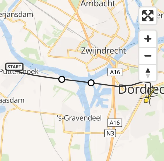 Vlucht Traumahelikopter PH-HVB van Puttershoek naar Dordrecht op zaterdag 23 november 2024 8:59