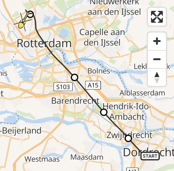 Vlucht Traumahelikopter PH-HVB van Dordrecht naar Rotterdam The Hague Airport op zaterdag 23 november 2024 9:35