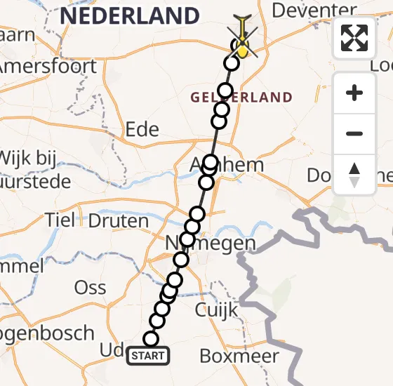 Vlucht Traumahelikopter PH-MAA van Vliegbasis Volkel naar Apeldoorn op maandag 25 november 2024 8:48