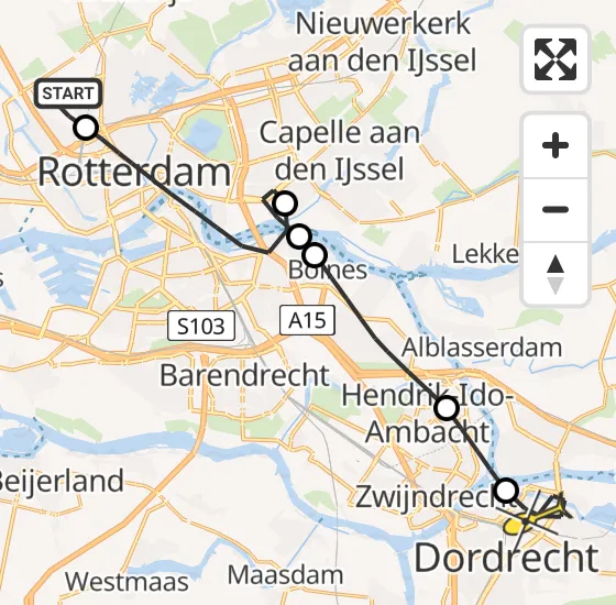 Vlucht Traumahelikopter PH-HVB van Rotterdam The Hague Airport naar Dordrecht op maandag 25 november 2024 20:37