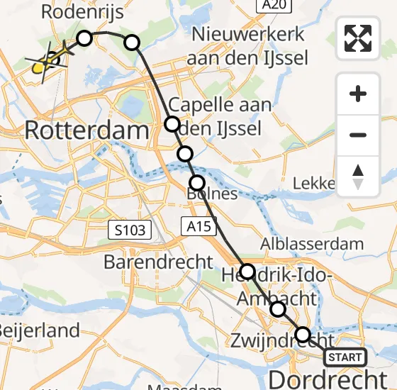 Vlucht Traumahelikopter PH-HVB van Dordrecht naar Rotterdam The Hague Airport op maandag 25 november 2024 21:10