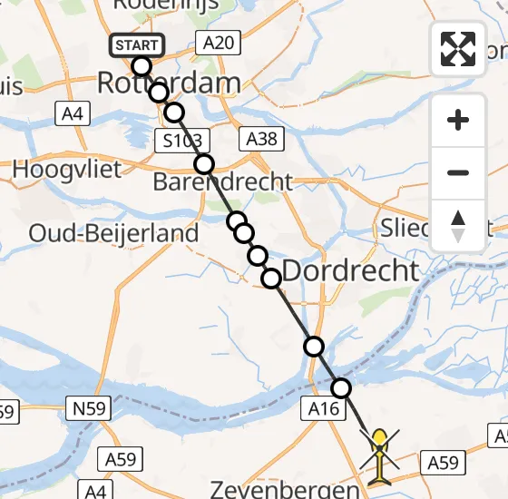 Vlucht Traumahelikopter PH-HVB van Rotterdam The Hague Airport naar Zevenbergschen Hoek op maandag 25 november 2024 23:47