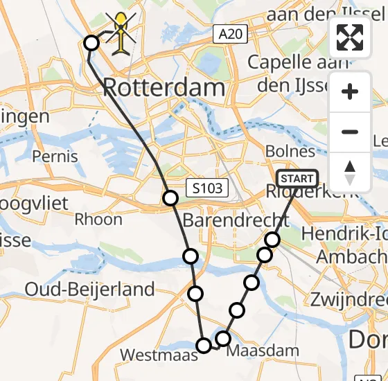 Vlucht Traumahelikopter PH-UMC van Ridderkerk naar Rotterdam The Hague Airport op vrijdag 29 november 2024 21:10