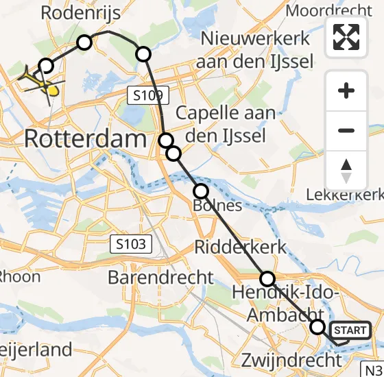 Vlucht Traumahelikopter PH-UMC van Papendrecht naar Rotterdam The Hague Airport op zondag 1 december 2024 0:39