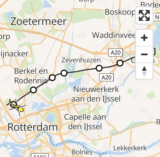 Vlucht Traumahelikopter PH-UMC van Gouda naar Rotterdam The Hague Airport op woensdag 4 december 2024 21:10