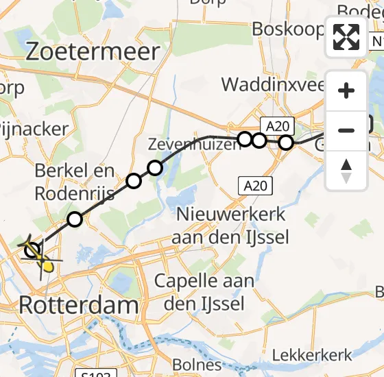 Vlucht Traumahelikopter PH-UMC van Gouda naar Rotterdam The Hague Airport op vrijdag 20 december 2024 17:38