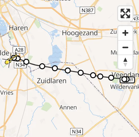 Vlucht Traumahelikopter PH-TTR van Veendam naar Groningen Airport Eelde op dinsdag 31 december 2024 16:46