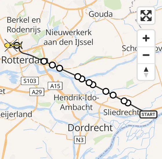 Vlucht Traumahelikopter PH-UMC van Hardinxveld-Giessendam naar Rotterdam The Hague Airport op vrijdag 3 januari 2025 9:24